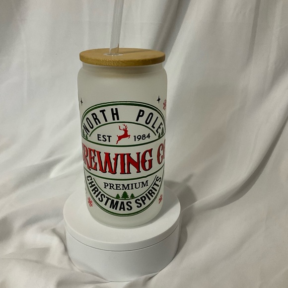 🔥SALE $15🎄16 OZ Handmade Frosted Glass Can Cup, W/Lid & Straw, Christmas Spirits - Picture 3 of 9